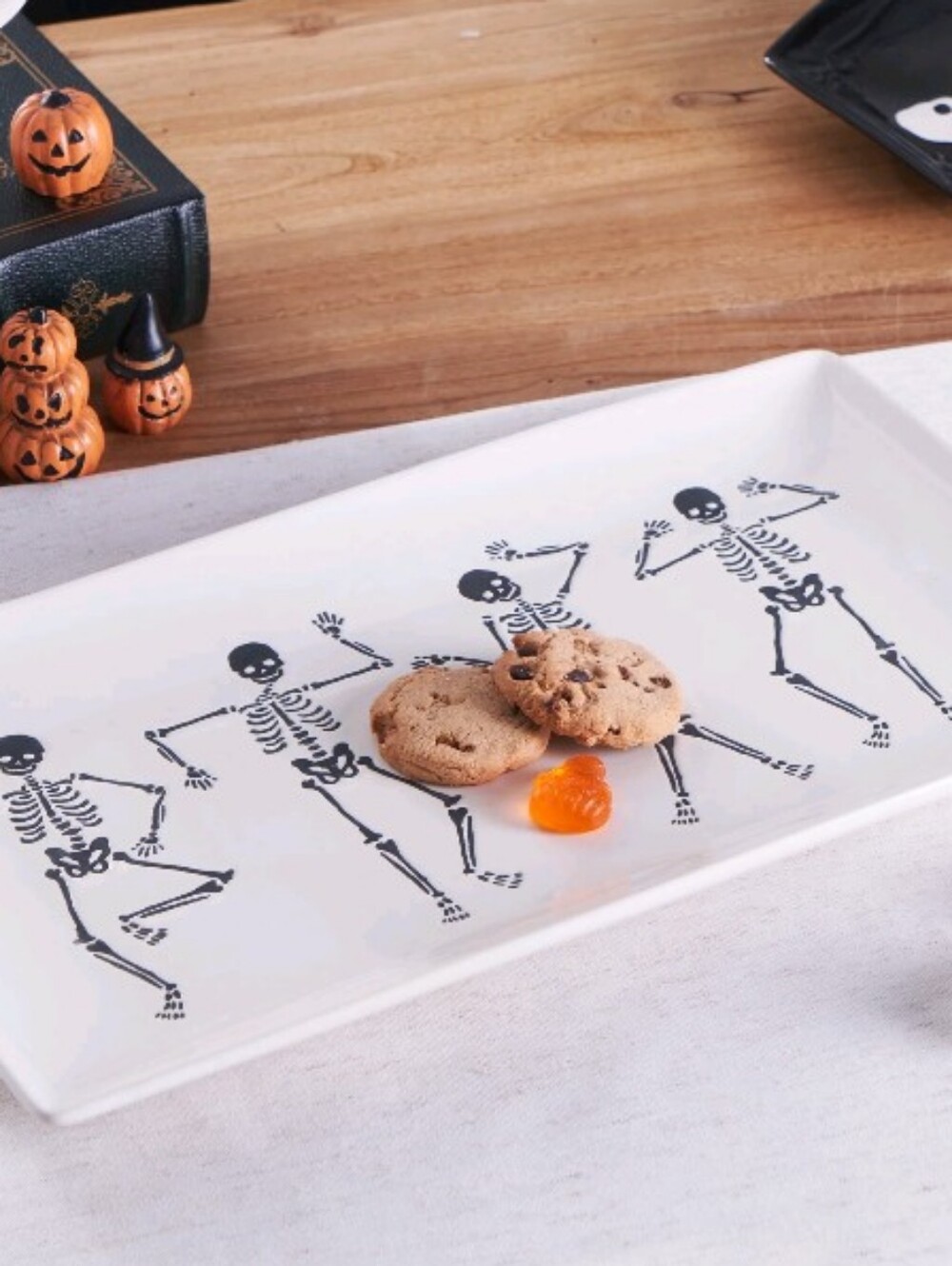 Halloween Dancing Skeletons Ceramic Rectangular Serving Platter Tray White